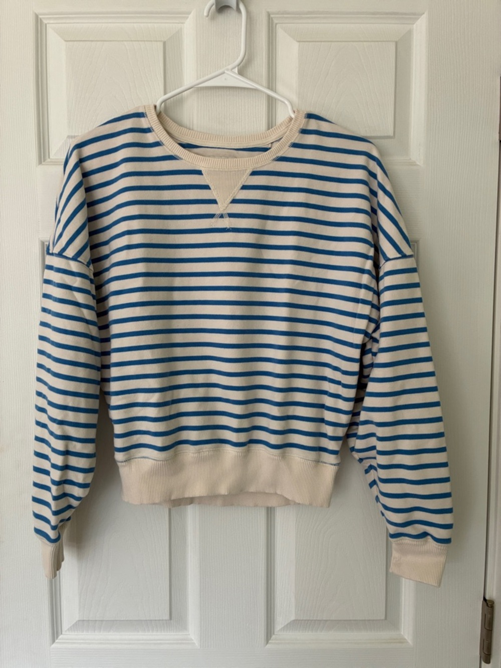 American Eagle Outfitters Cream and Blue Striped Crew Cropped Sweatshirt XS